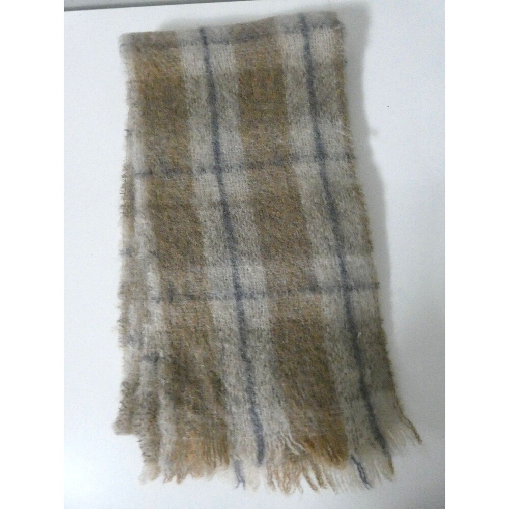 VTG Ireland Donegal Design Wool Mohair Rectangular Scarf Plaid Brown Grey 70"x9"